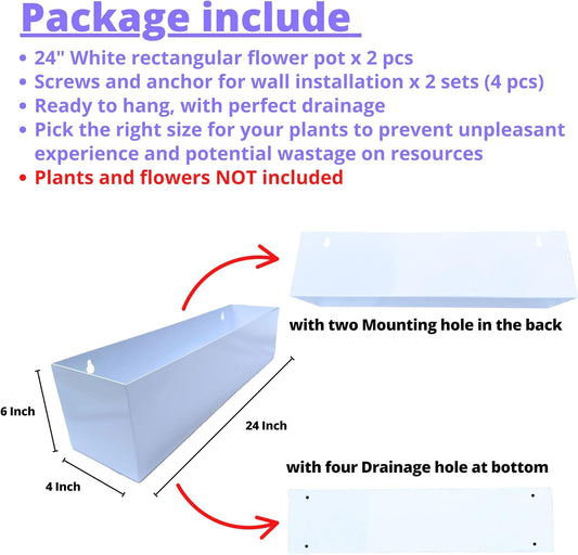 LaLaGreen Wall Planter (24 Inch, 2 Pack) Carbon Steel White Metal Hanging Flower Pot for Succulents, Wall Mount Rectangular Window Sill Box Fence Floating Garden Shelf for Deck Indoor Outdoor Decor