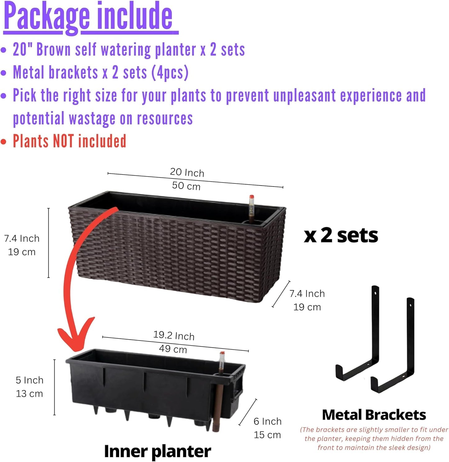 LaLaGreen Wall Planters Outdoor (20 Inch, 2 Pack) Brown Rectangular Window Flower Boxes with Brackets Self Watering System, Vertical Wall Mounted Plant Pot Container Herb Garden Balcony Indoor Decor