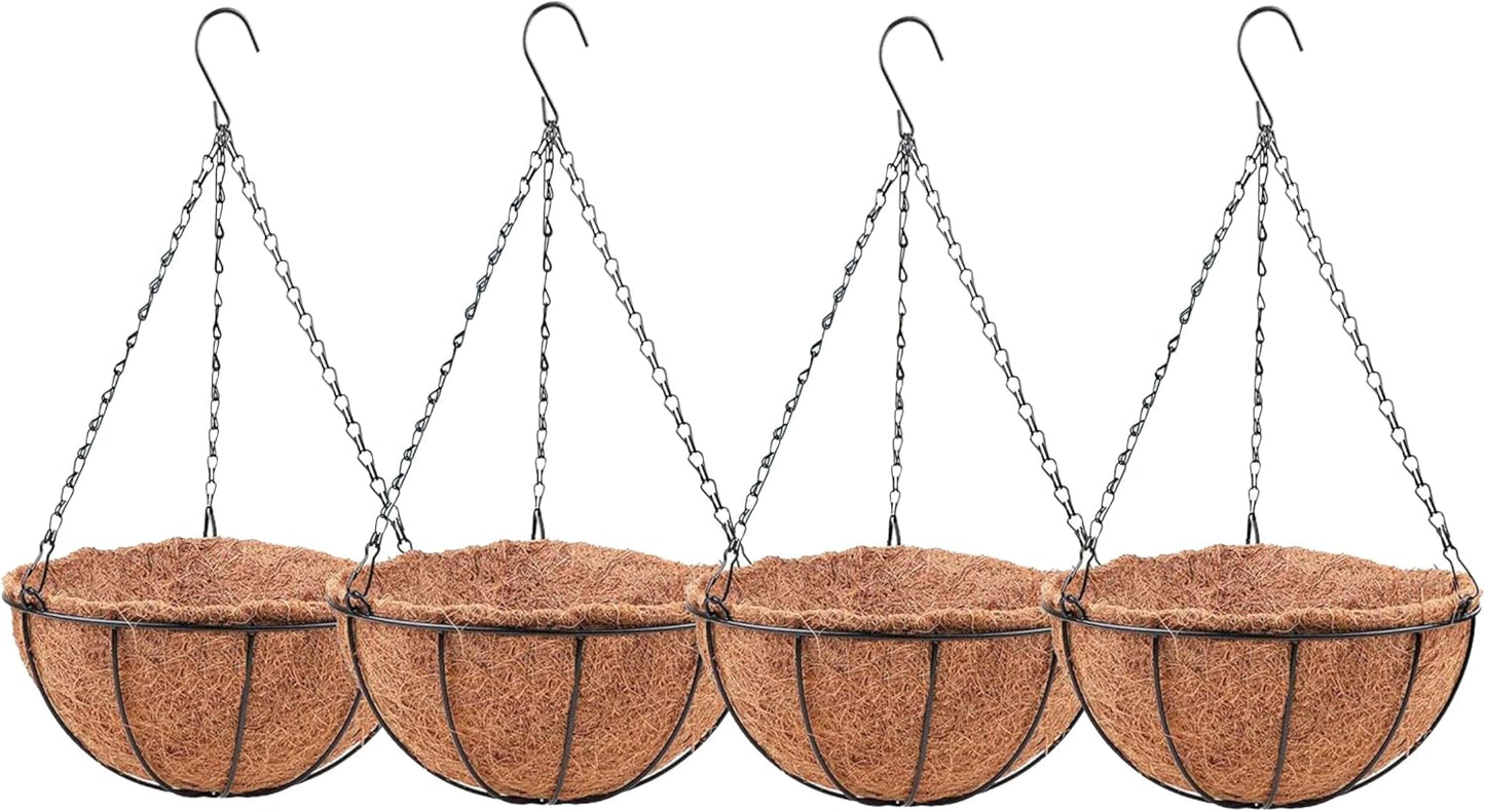 LaLaGreen Hanging Baskets for Outdoor Plants (14 Inch, 4 Pack) Large Hanging Planter with Coco Liner Round Flower Pots, Black Metal Wire Plant Holder Hook Deck Porch Modern Garden Balcony Rustic Decor