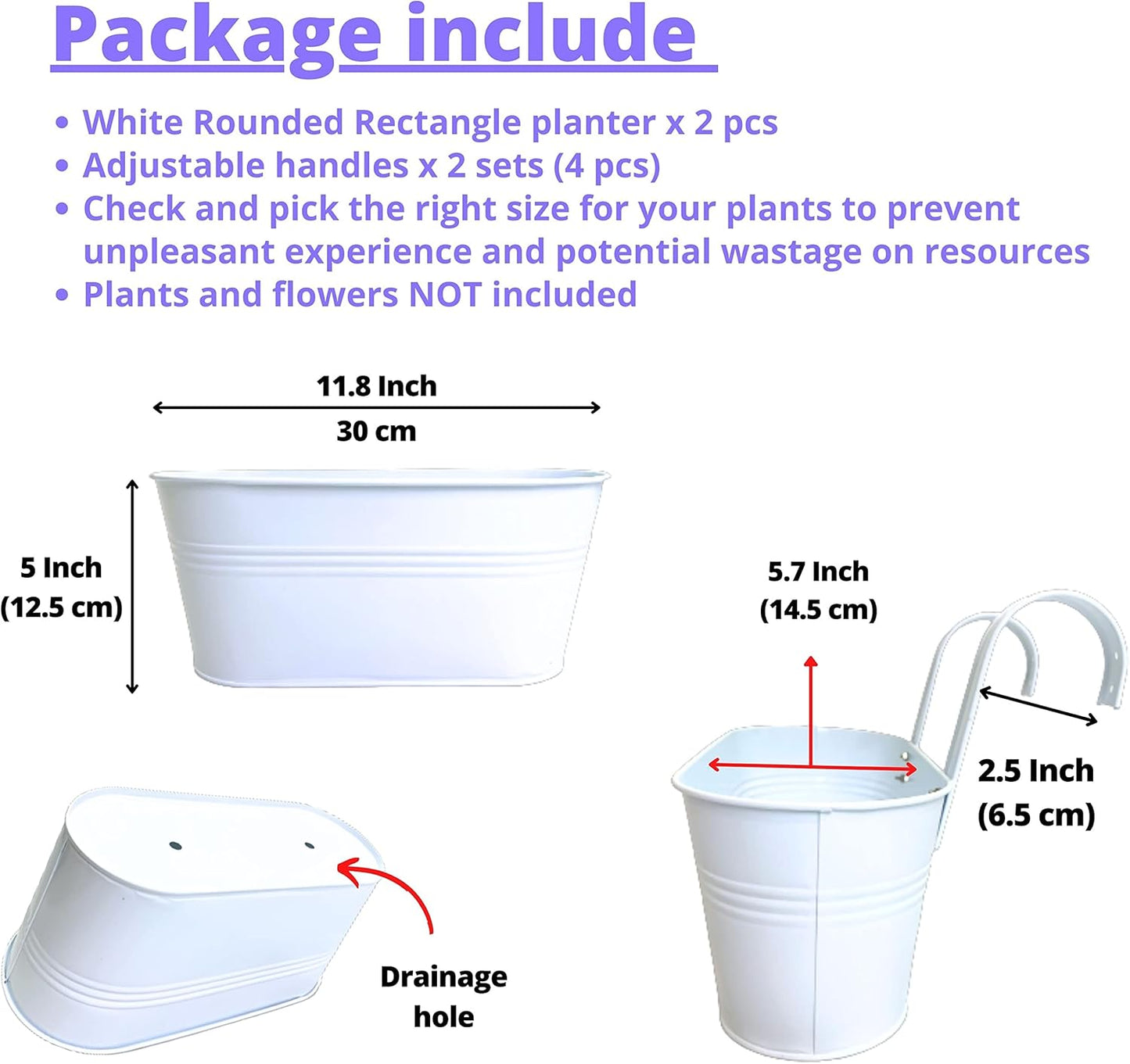 LaLaGreen Outdoor Rail Planter (2 Pack, 11.8 Inch) Metal Iron Hanging Flower Pot Deck Railings White Fence Bucket Modern Countryside Boho Style Wall Mount Window Box Plant Holder Hooks Porch Decor