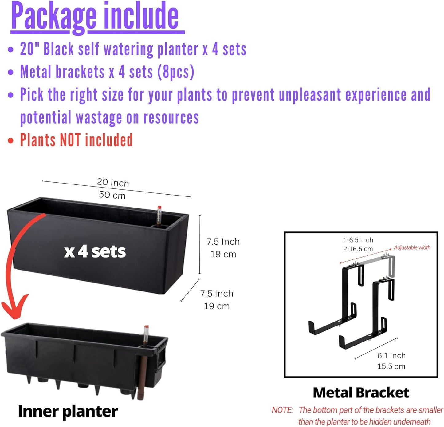 LaLaGreen Railing Planter Box (4 Pack, 20 Inch) Black Rectangular Window Flower Boxes with Bracket, Self Watering System Hanging Planter Box for Outdoor Plant Pots Container Deck Rail Fence Balcony