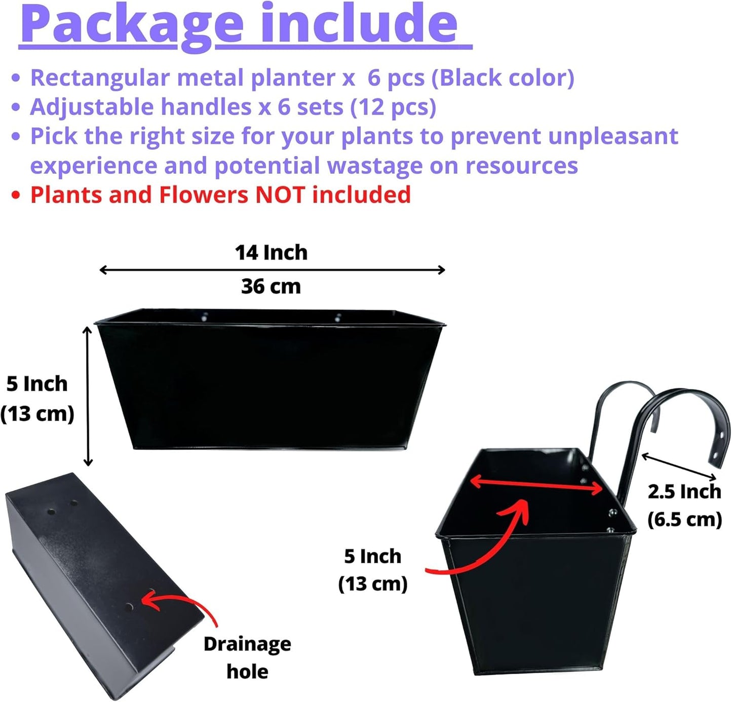 LaLaGreen Rail Planters (6 Pack, 14 Inch) Black Metal Rectangle Strawberry Window Boxes Outdoor Balcony Deck Railing Fence Hanging Flower Herb Pot with Detachable Hook Patio Porch Farmhouse Minimalist