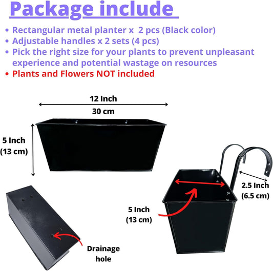 LaLaGreen Planter Box Outdoor (2 Pack, 12 Inch) Black Metal Rectangle Hanging Flower Pots, Balcony Deck Railing Fence Trendy Kitchen Strawberry Window Boxes Wall Planters for Fake Plant Holder Decor