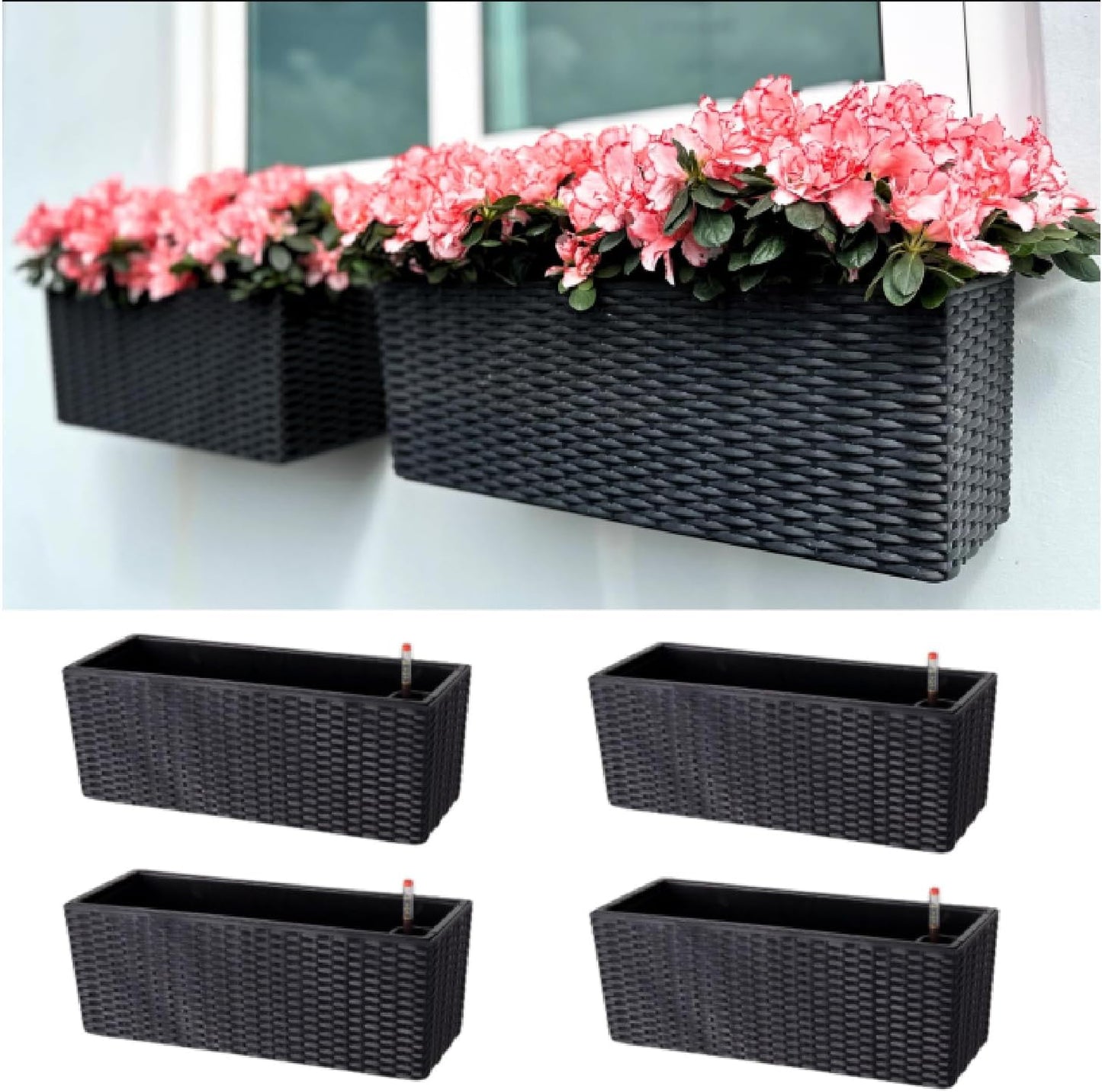 LaLaGreen Outdoor Wall Planters (20 Inch, 4 Pack) Wall Mounted Self Watering System Window Flower Boxes with Bracket, White Rectangular Plant Pot Container Indoor Modern Garden Herb Kitchen Home Decor