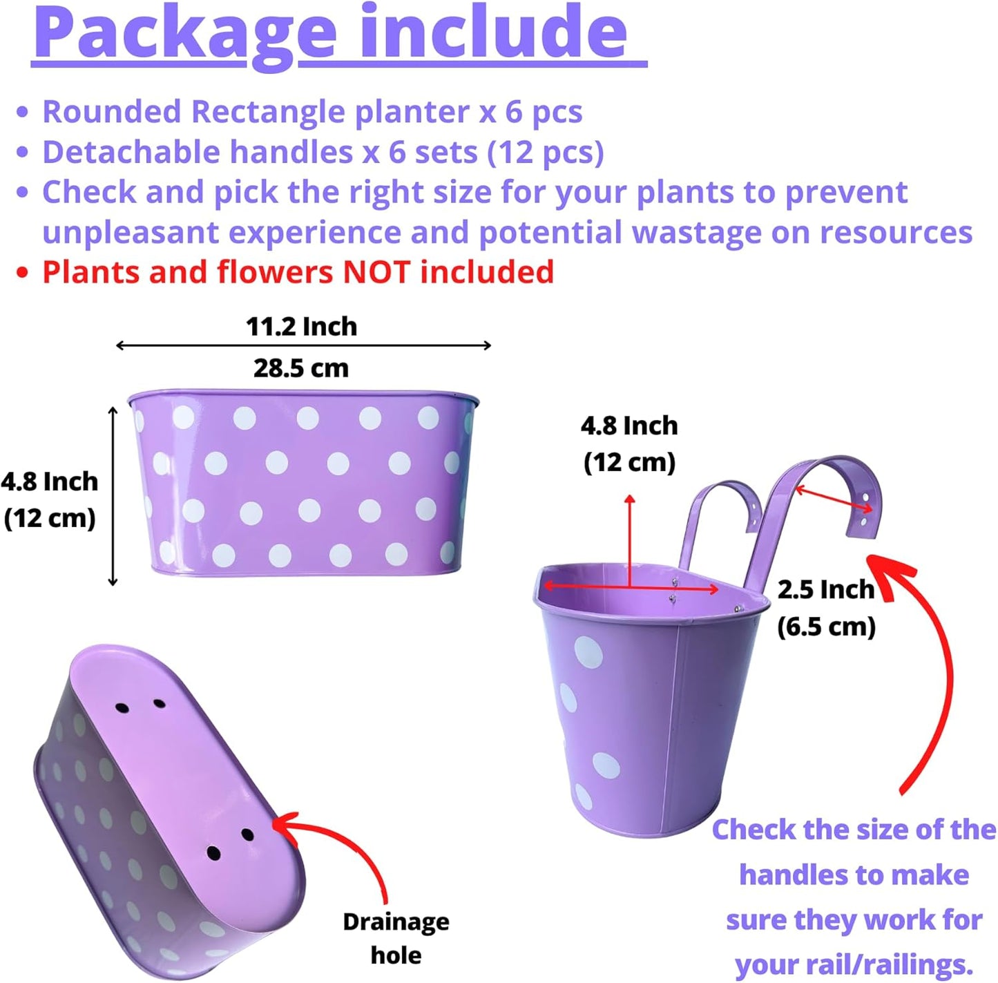 LaLaGreen Rail Planter for Deck Railing (11.2 Inch, 6 Pack) Colorful Metal Iron Hanging Flower Pots, Polka Dot and Strawberry Fence Garden Cute Balcony Box Plant Holder with Hooks Bucket Hang Porch