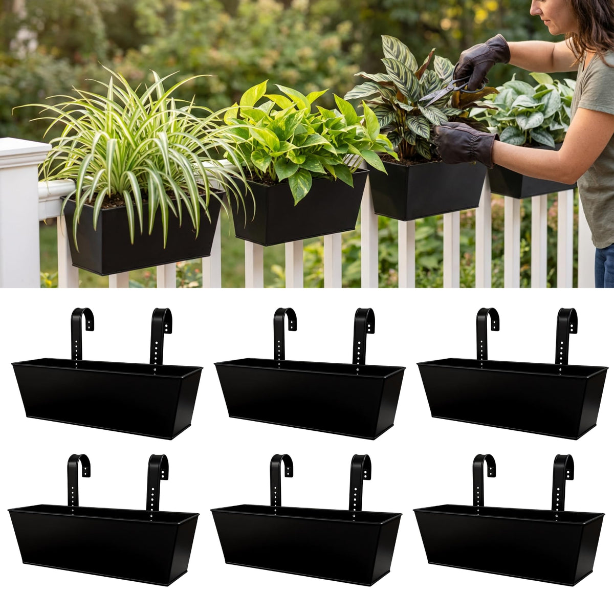 LaLaGreen Rectangular Metal Railing Planter Boxes