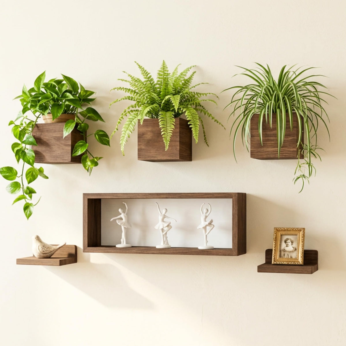 LaLaGreen Wooden Wall Planter Boxes and Floating Shelves Sets — Mixed sizes