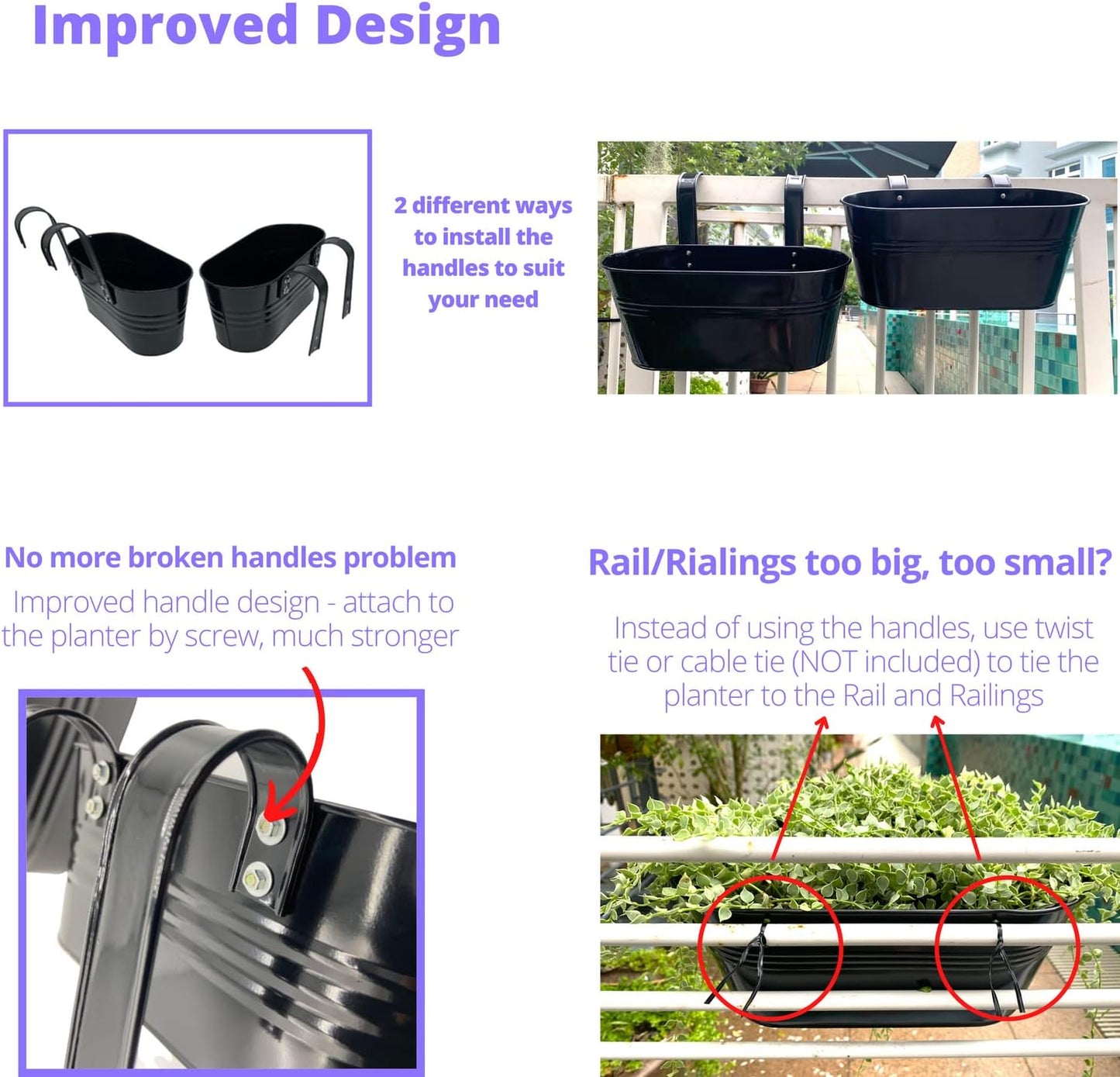 LaLaGreen Railing Planter Outdoor Plants (11.2 Inch, 2 Pack) Black Metal Iron Hanging Flower Pots Deck Rail Fence Hanging Bucket Modern Countryside Style Window Box Plant Holder with Hooks Porch Decor