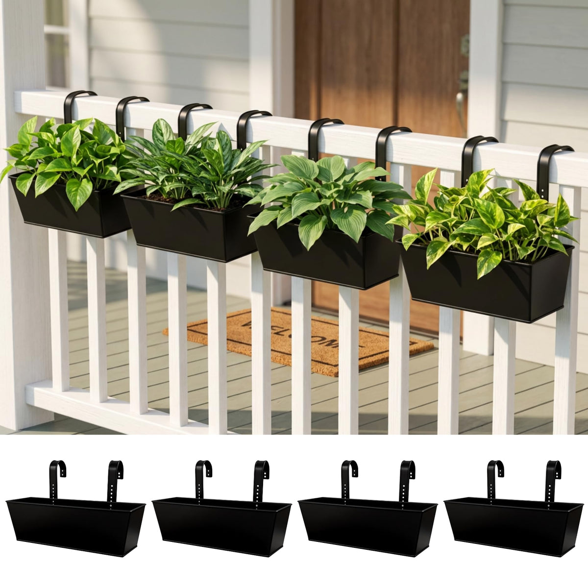 LaLaGreen Large Rail Planter (16 in, Pack) Black Metal Deck Fence Pots