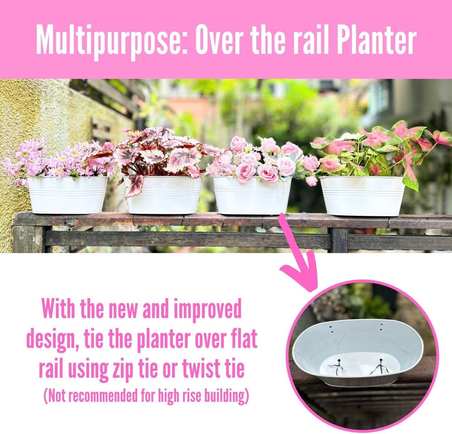 LaLaGreen Rail Planters for Outdoor (4 Pack, 11.2 Inch) White Metal Iron Hanging Flower Pots, Deck Railing Fence Bucket Strawberry Planter Wall Mount Window Box Plant Holder with Hooks Porch Decor