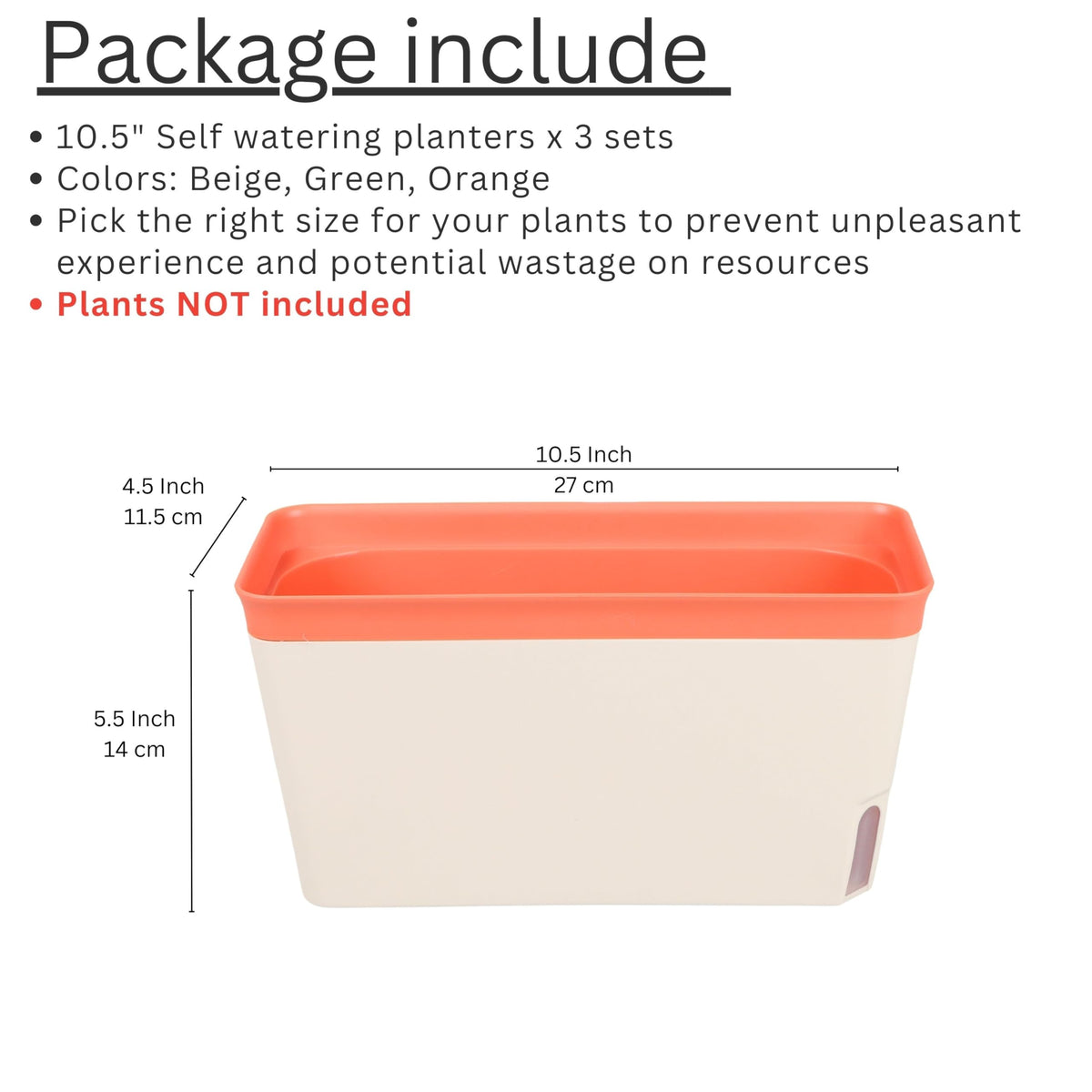 LaLaGreen Planter Boxes Outdoor (3 Pack, 10.5 Inch) Orange Green Brown Rectangular Window Box Herb Plants, Self-Watering Large Indoor Flower Pot Succulent Porch Balcony Windowsill kitchen office Decor