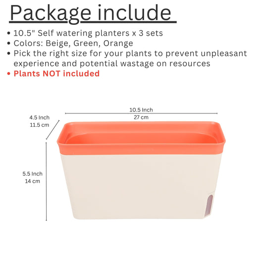 LaLaGreen Planter Boxes Outdoor (3 Pack, 10.5 Inch) Orange Green Brown Rectangular Window Box Herb Plants, Self-Watering Large Indoor Flower Pot Succulent Porch Balcony Windowsill kitchen office Decor