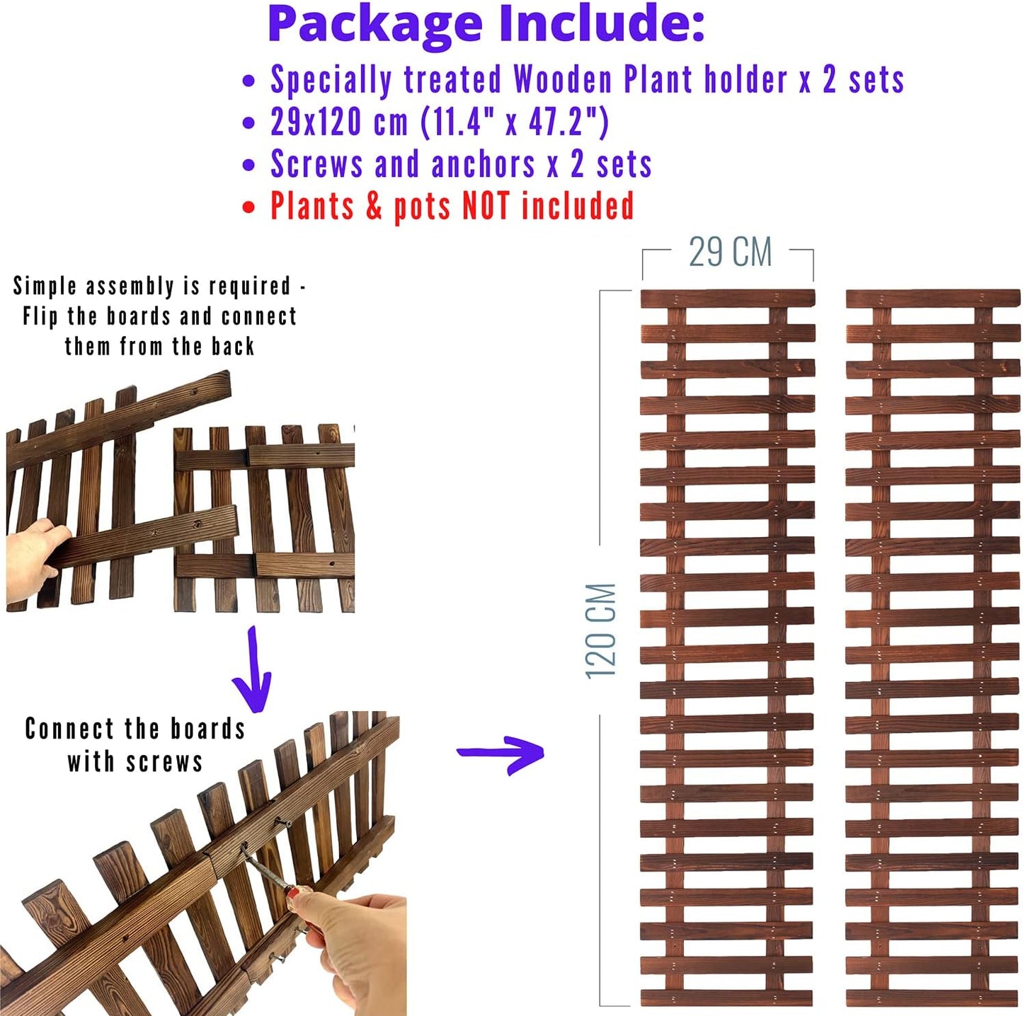 ShopLaLa Wall Planter - 2 Pack, Wooden Hanging Large Planters for Indoor Outdoor Plants, Live Vertical Garden, Plant Wall Mount Flower Pot Holder Hanger Stand Green Herb Wall Decor 47.2" (120cm)