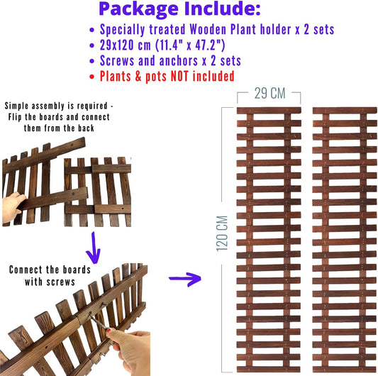 ShopLaLa Wall Planter - 2 Pack, Wooden Hanging Large Planters for Indoor Outdoor Plants, Live Vertical Garden, Plant Wall Mount Flower Pot Holder Hanger Stand Green Herb Wall Decor 47.2" (120cm)