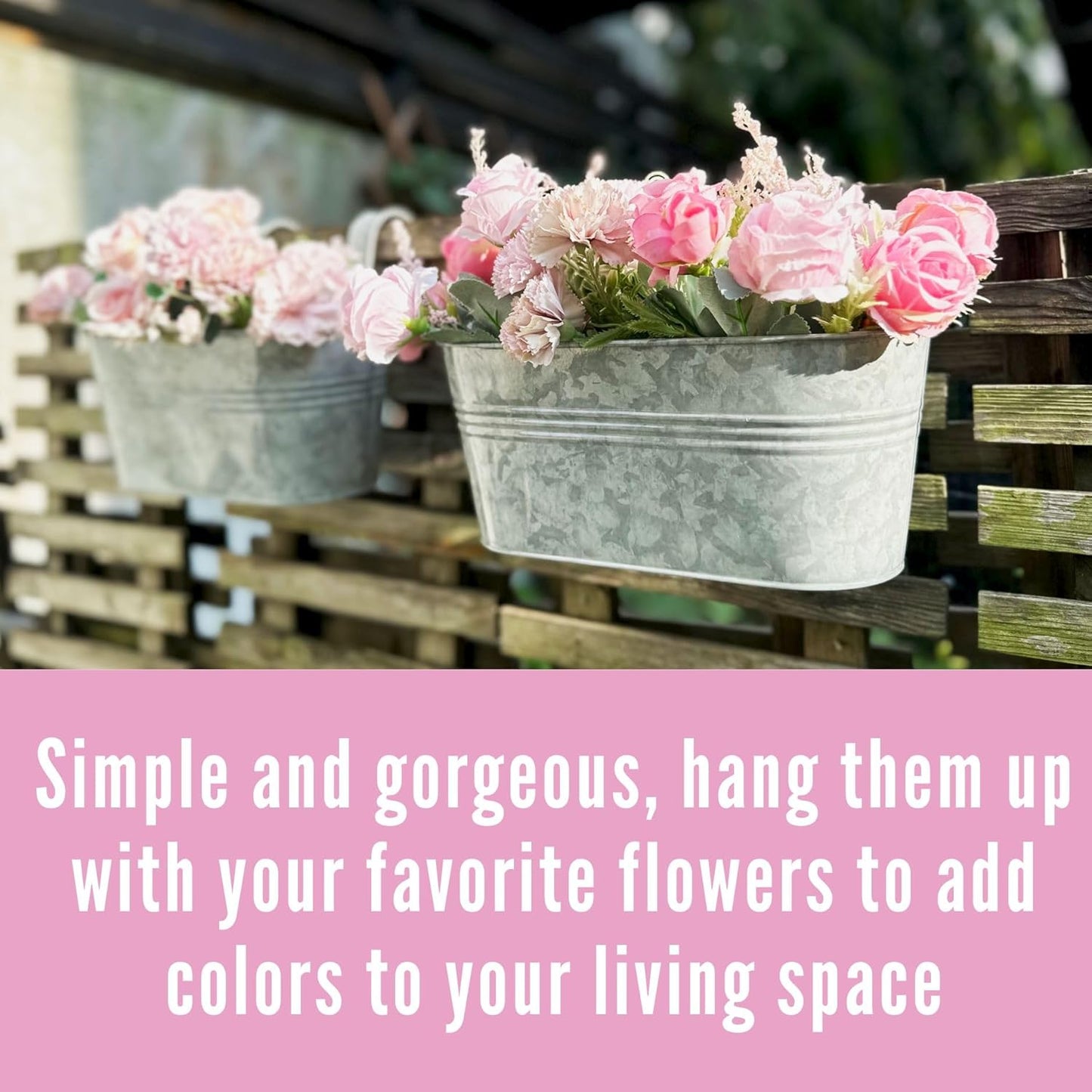 LaLaGreen Outdoor Rail Planter (11.2 Inch, 4 Pack) Silver Metal Iron Hanging Flower Pots Deck Railings Fence Buckets Modern Countryside Boho Style Wall Mount Window Box Plant Holder Hooks Porch Decor