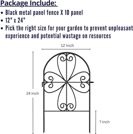 ShopLaLa Garden Fence Animal Barrier (10 Panels) 12in(L) x 24in(H) Rustproof Decorative Black Metal Wire Fencing Flower Edging for Landscape Patio Yard Outdoor Decor No Dig, Fences for Dogs D-24