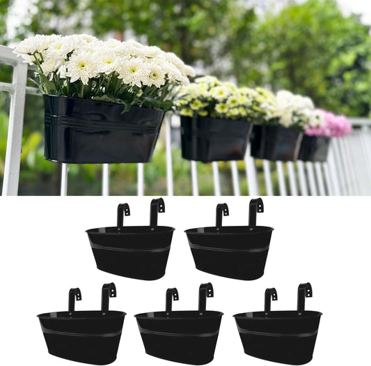 LaLaGreen Window Boxes Planters (5 Pack, 9.8 Inch) Small and Cute Black Metal Iron Hanging Flower Pots, Deck Railings Outdoor Fence Buckets Boho Style Wall Mount Plant Holder Hooks Porch Garden Decor
