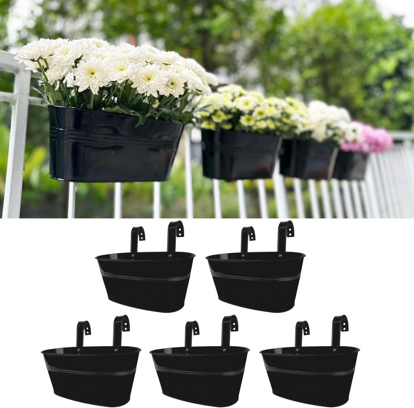LaLaGreen Outdoor Rail Planter for Balcony (4 Pack, 9.8 Inch) Small and Cute Black Metal Iron Fence Hanging Flower Pots Deck Railings Buckets Boho Style Window Box Plant Holder Hooks Porch Decor