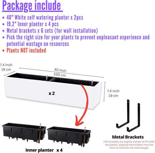 LaLaGreen Hanging Planter Boxes Outdoor (40 Inch, 2 Pack) Extra Large Window Flower Box with Bracket, White Rectangular Self Watering System Vertical Plant Container Wall Mount Indoor Succulents Herbs