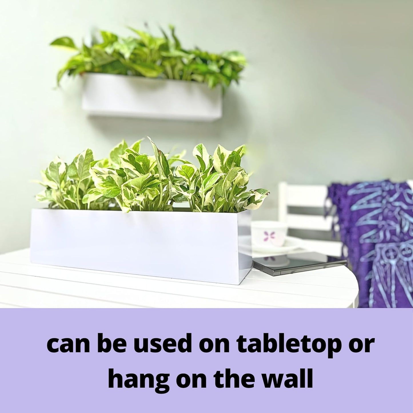 LaLaGreen Wall Planter (16 Inch, 2 Pack) Carbon Steel White Metal Hanging Flower Pot for Succulents, Wall Mount Rectangular Window Sill Box Fence Floating Garden Shelf for Deck Indoor Outdoor Decor