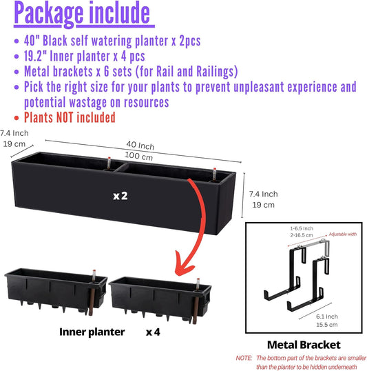 LaLaGreen Rail Planter Boxes for Outdoor (2 Pack, 40") Hanging Flower Pots with Bracket, Black Rectangular Self Watering System Deck Railing Herb Planters Outdoor Plants Container Rail Balcony Fence
