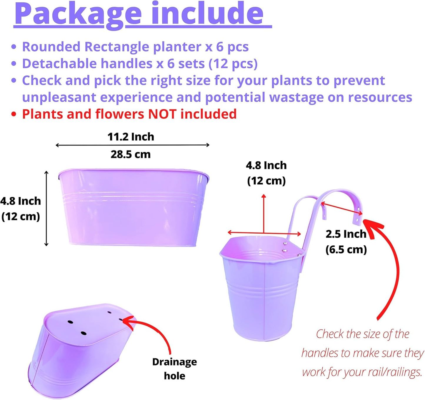 LaLaGreen Outdoor Hanging Planter (11.2 Inch, 6 Pack) Light Purple, Green, Yellow, Cadet Blue, Dark Pink, Red Metal Iron Window Box Flower Pot Deck Railings Balcony Fence Rail Porch Home Garden Decor