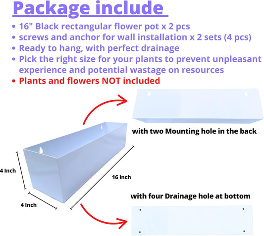 LaLaGreen Wall Planter (16 Inch, 2 Pack) Carbon Steel White Metal Hanging Flower Pot for Succulents, Wall Mount Rectangular Window Sill Box Fence Floating Garden Shelf for Deck Indoor Outdoor Decor