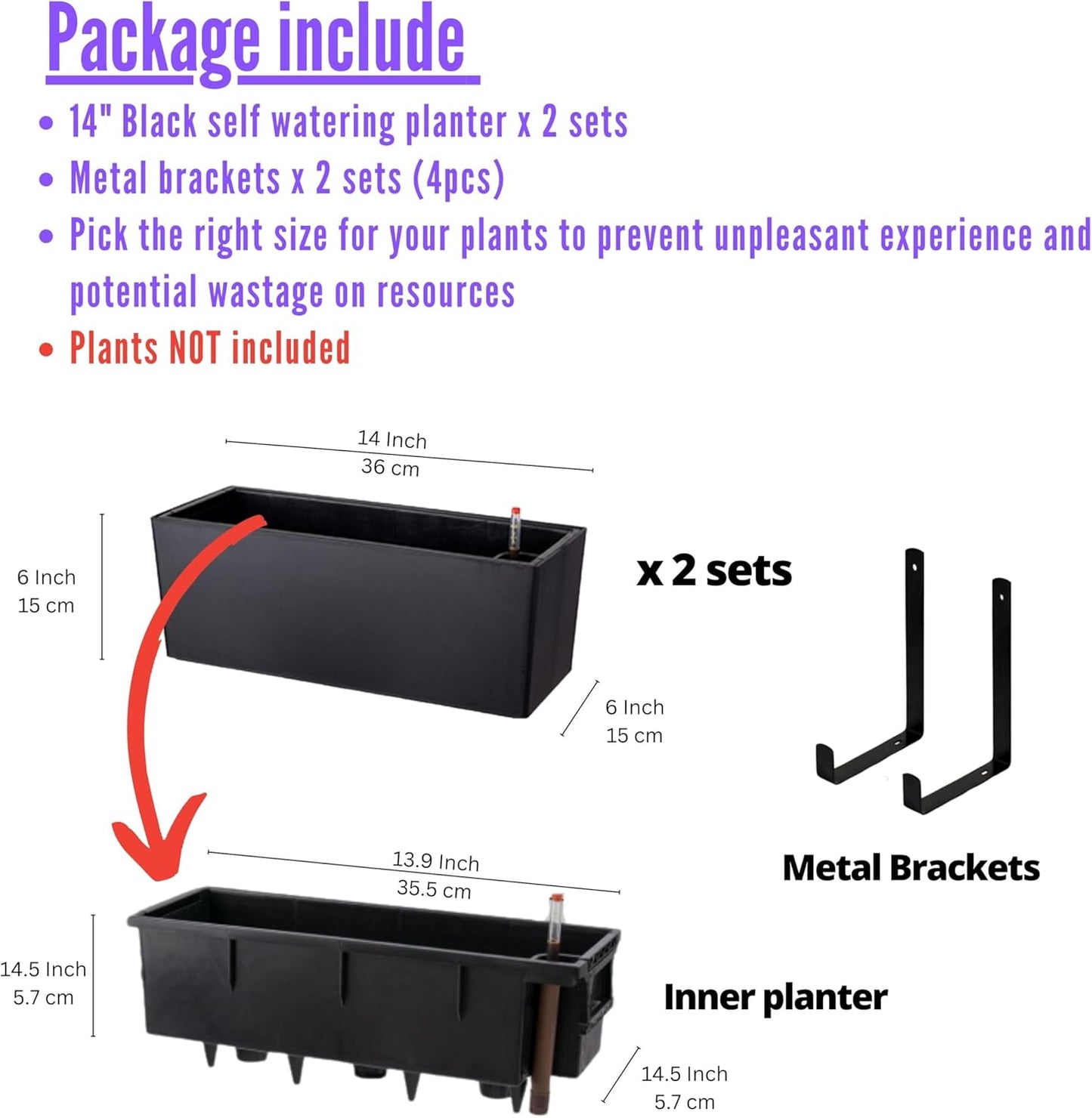 LaLaGreen Wall Planters for Outdoor (2 Pack, 14 Inch) Black Self Watering System Hanging Plant Box Flower Pot, Rectangular Wall Mount Indoor Vertical Living Garden Decoration Window Sill Herb Trendy
