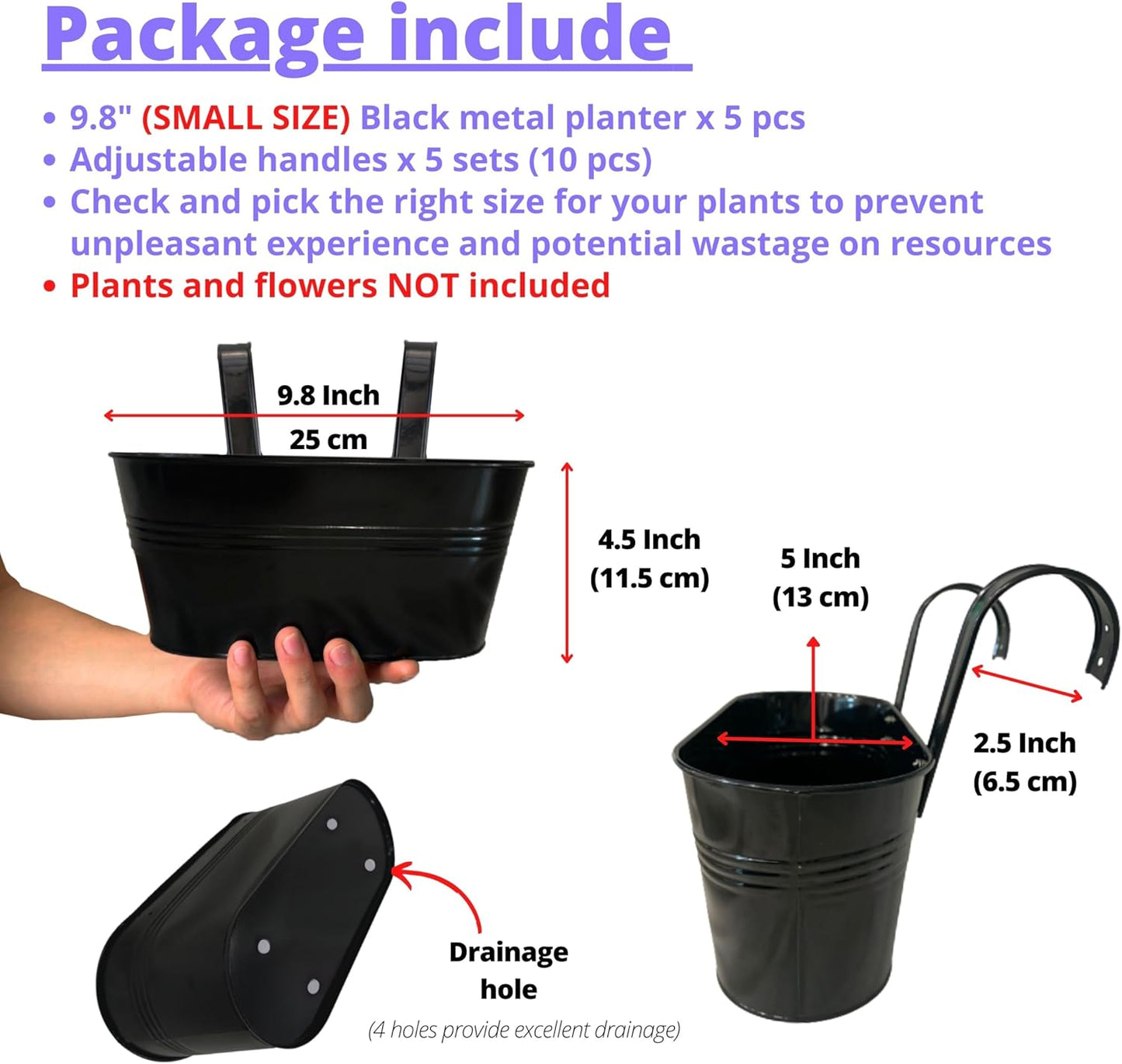 LaLaGreen Window Boxes Planters (5 Pack, 9.8 Inch) Small and Cute Black Metal Iron Hanging Flower Pots, Deck Railings Outdoor Fence Buckets Boho Style Wall Mount Plant Holder Hooks Porch Garden Decor