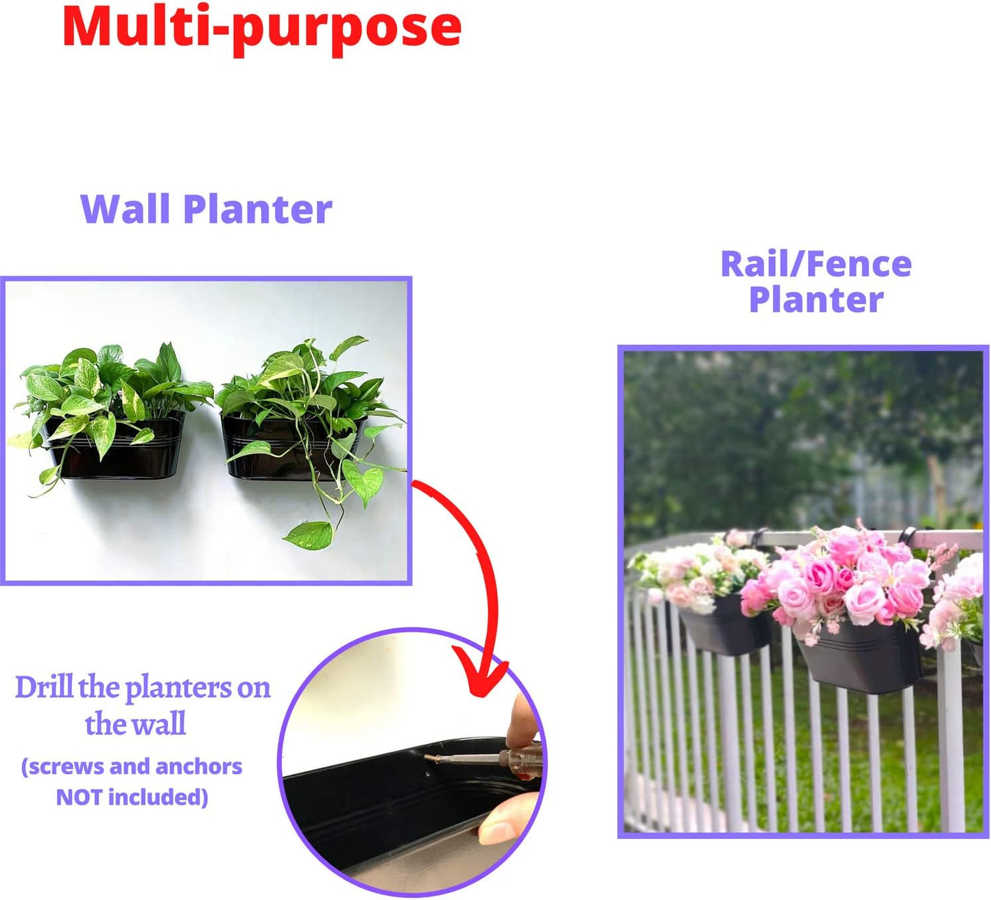 LaLaGreen Railing Planter Outdoor Plants (11.2 Inch, 2 Pack) Black Metal Iron Hanging Flower Pots Deck Rail Fence Hanging Bucket Modern Countryside Style Window Box Plant Holder with Hooks Porch Decor