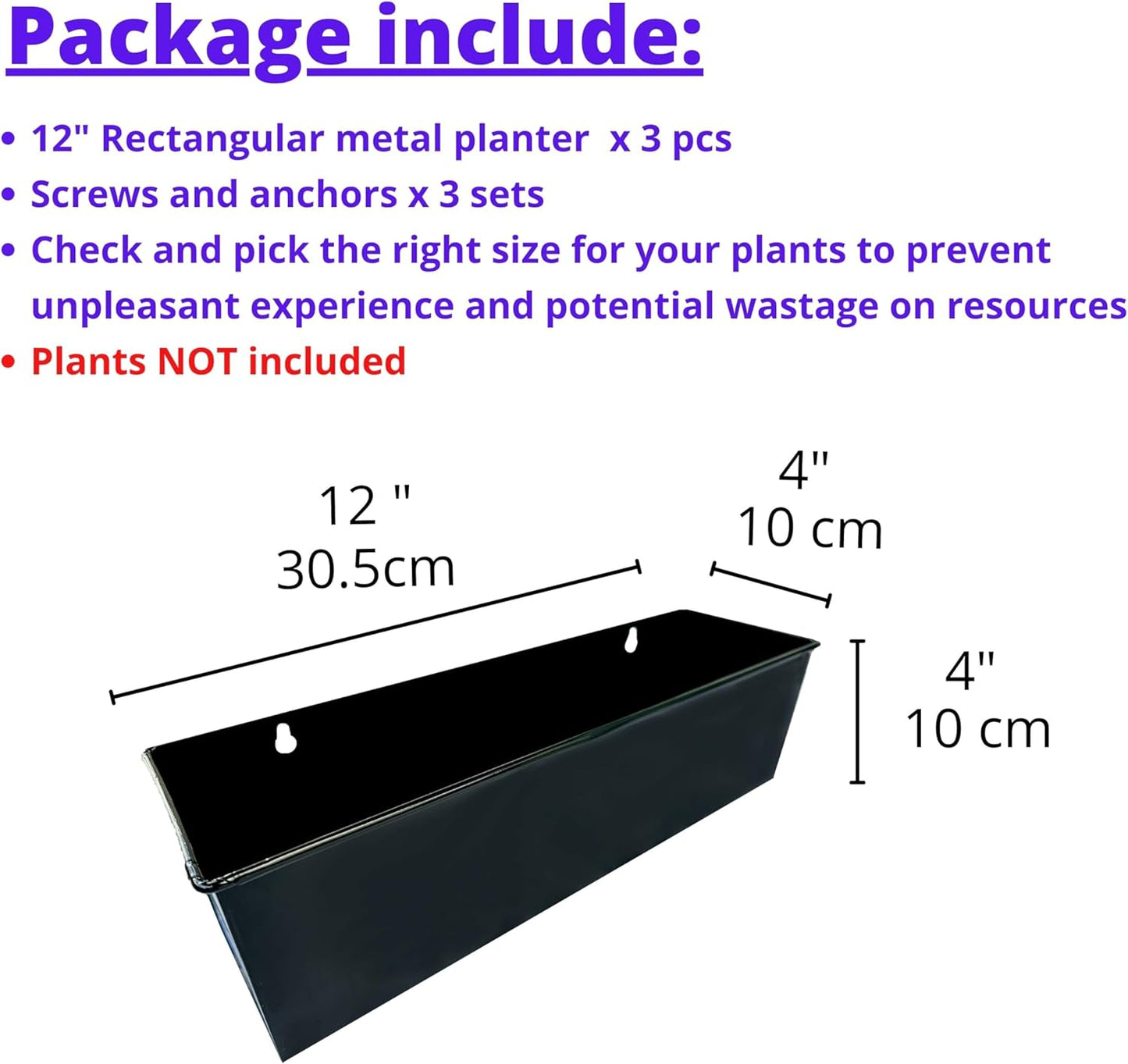 LaLaGreen Wall Planter (3 Pack, 12 Inch) Large Wall Mount Succulent Planters Black, Wall Hanging Rectangular Metal Flower Pot Window Planter Box Fence Railing Minimalist Floating Shelve Indoor Outdoor