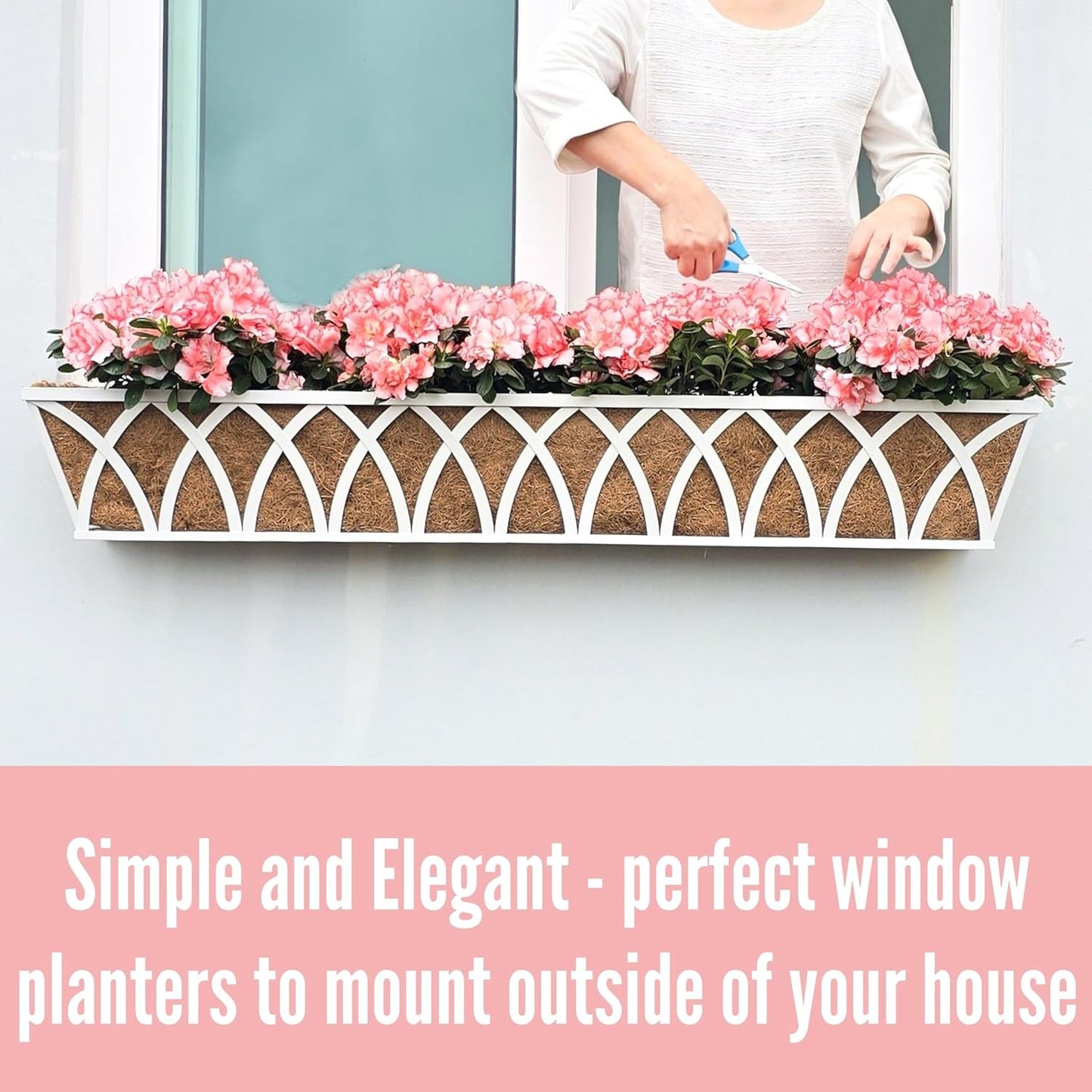 LaLaGreen Wall Planter Outdoor (48 inch, 2 Pack) White Metal Rectangular Hanging Flower Box Planters with Coco Liner Window Boxes Basket Plant Holder Horse Trough Deck Rail Railing Patio Porch Balcony