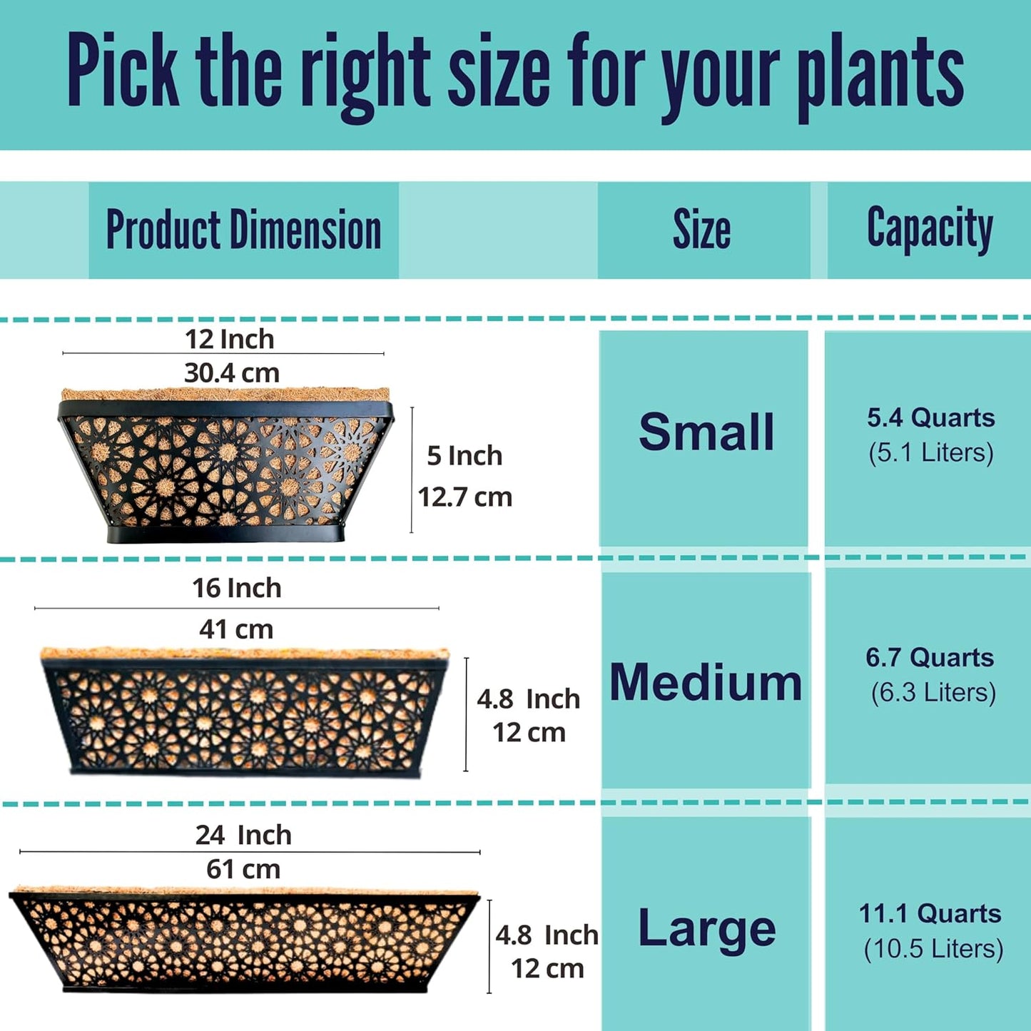 LaLaGreen Window Planter Boxes Outdoor (4 Pack, 24 Inch) Large Fence Hanging Planters Outdoor Plants, Metal Deck Railing Flower Box with Coco Liner, Modern Horse Troughs Balcony Pots Patio Porch Rail