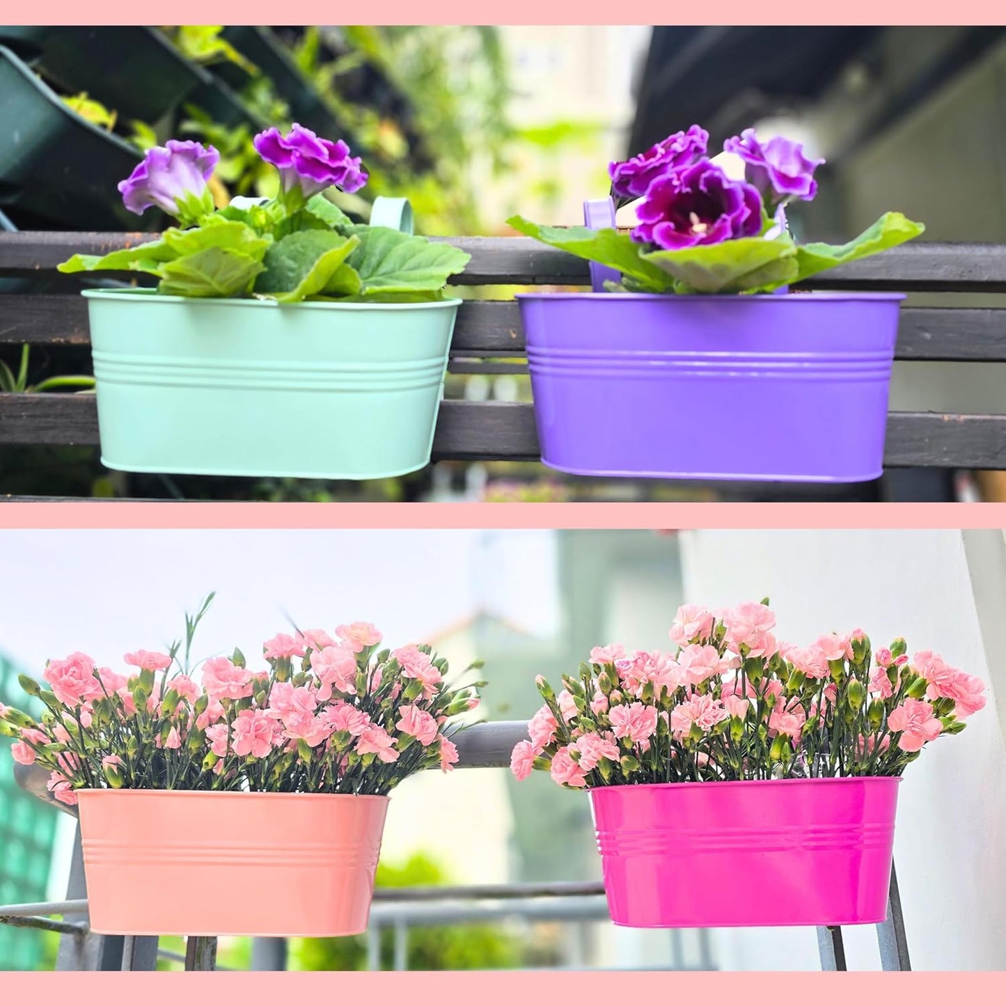 LaLaGreen Outdoor Hanging Planter (11.2 Inch, 6 Pack) Light Blue, Green, Neon Pink, Dark Blue, Orange, Peachy Pink Metal Iron Window Box Flower Pot Deck Railings Fence Rails Buckets Porch Garden Decor