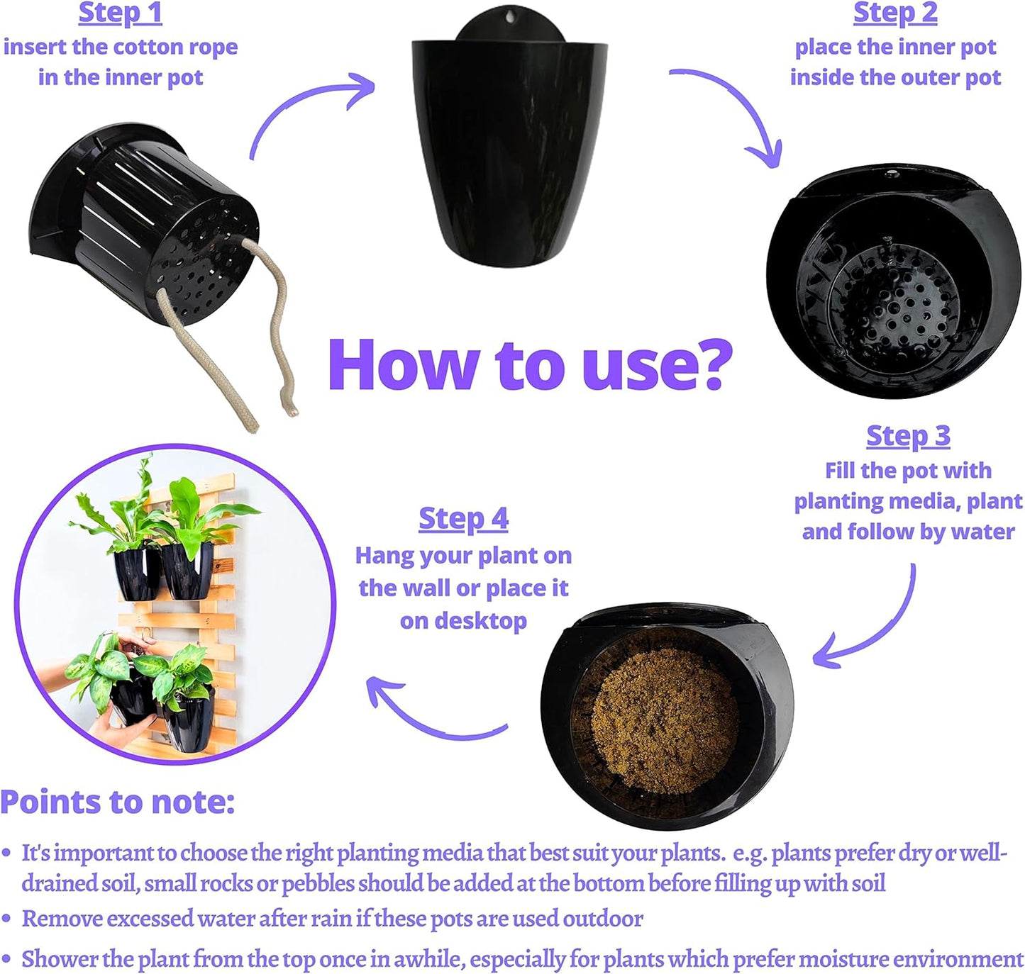 LaLaGreen Wall Planters for Indoor Plants - 10 Pack, 5 Inch Black Self Watering Wall Planter, Eco Wall Mounted Planters System Living Hanging Wall Pots Holder Trendy Live Wall Garden Indoor for Herb