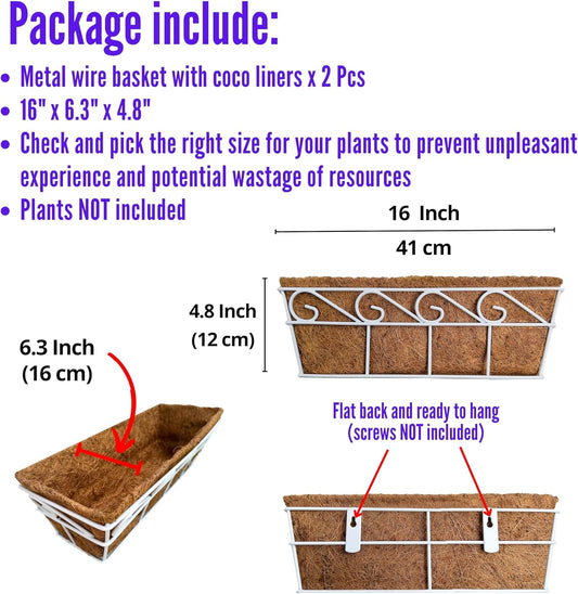 LaLaGreen Wall Mounted Planters (16 Inch, 2 Pack) Window Flower Boxes Basket Outdoor, Balcony Planter Over The Rail, Deck Railing Hanging with Coco Liners, White Metal Horse Troughs Fence Patio Porch