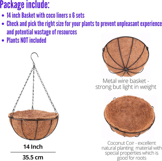 LaLaGreen Hanging Baskets for Outdoor Plants(14 Inch, 6 Pack) Large Hanging Planter with Coco Liner Round Flower Pots, Black Metal Wire Plant Holder Hook Hanger Deck Porch Modern Garden Balcony Decor