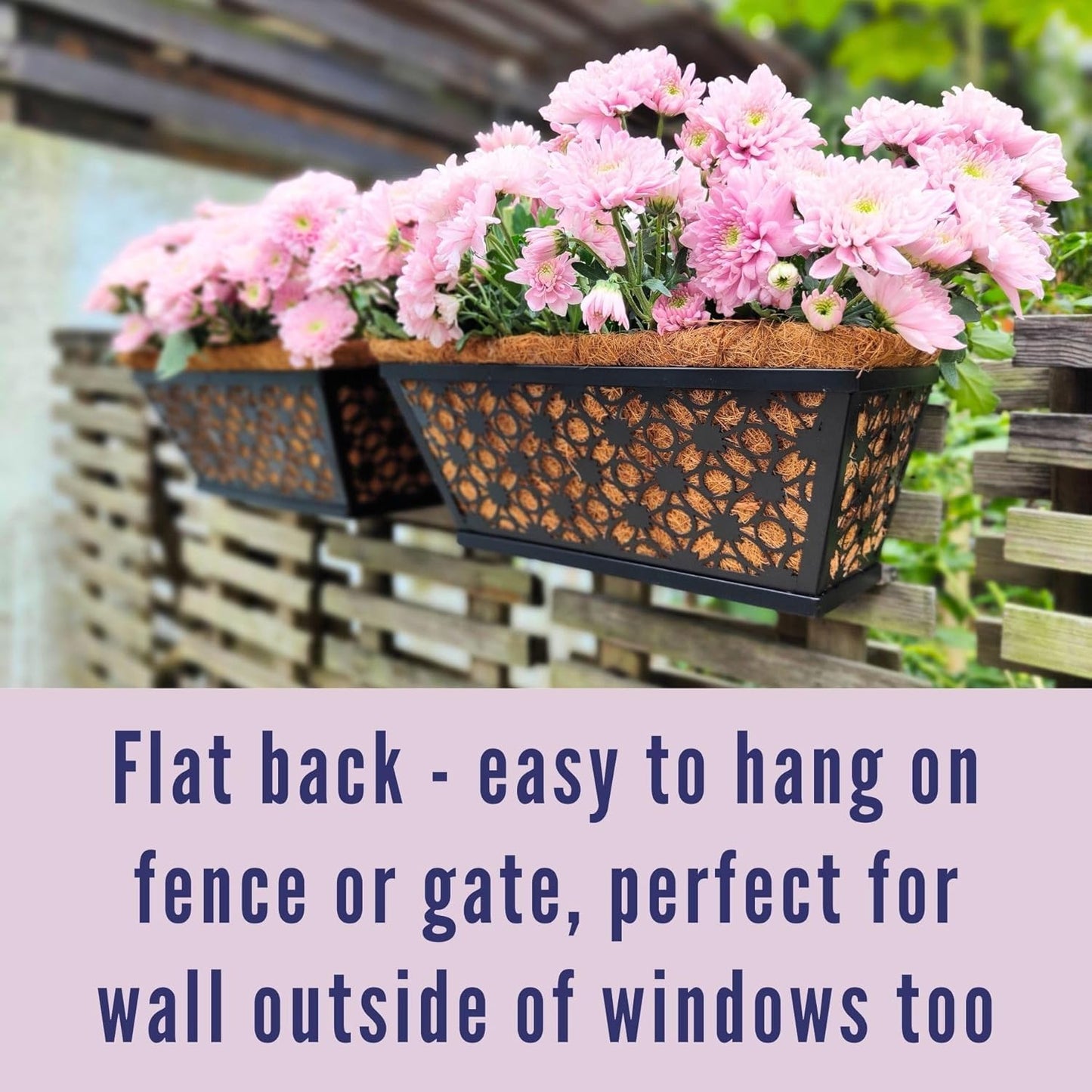 LaLaGreen Window Box Planter for Outdoor Plants (4 Pack, 16 Inch) Black Metal Rectangular Flower Pot Wall Planters with Coco Liner, Modern Horse Trough Railing Garden Balcony, Patio, Fence, and Deck