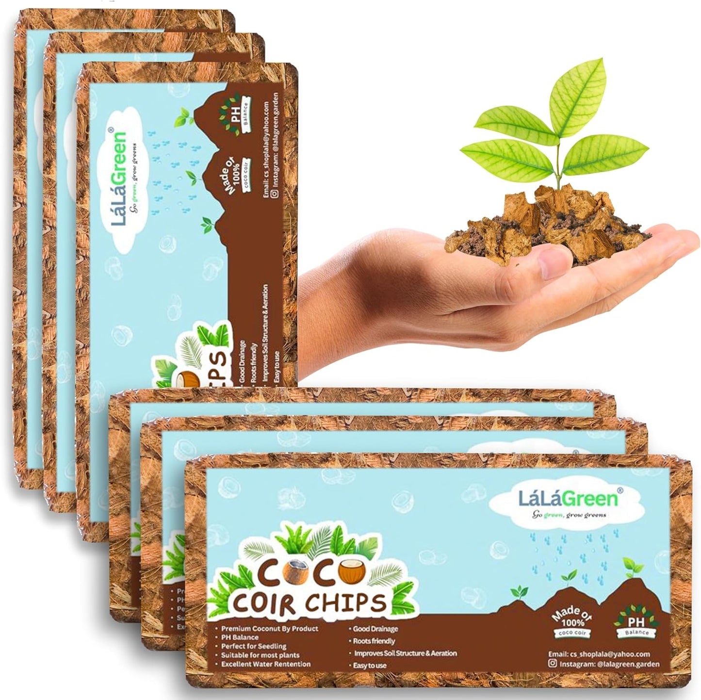 LaLaGreen Coconut Coir Chips for Plants (10 Pack, 500g) Indoor Herb Garden Seedling and Plant, Outdoor Planting Soil Vegetable Flower Orchids, Organic Compressed Coco Fiber Husk Chips Brick Peat Moss