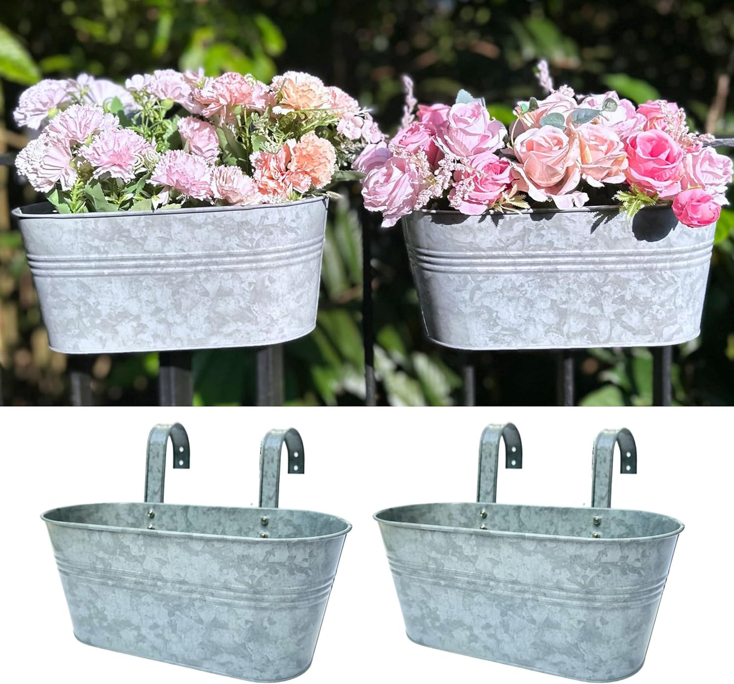 LaLaGreen Outdoor Rail Planter (11.2 Inch, 2 Pack) Silver Metal Iron Hanging Flower Pots Deck Railings Fence Buckets Modern Countryside Boho Style Wall Mount Window Box Plant Holder Hooks Porch Decor