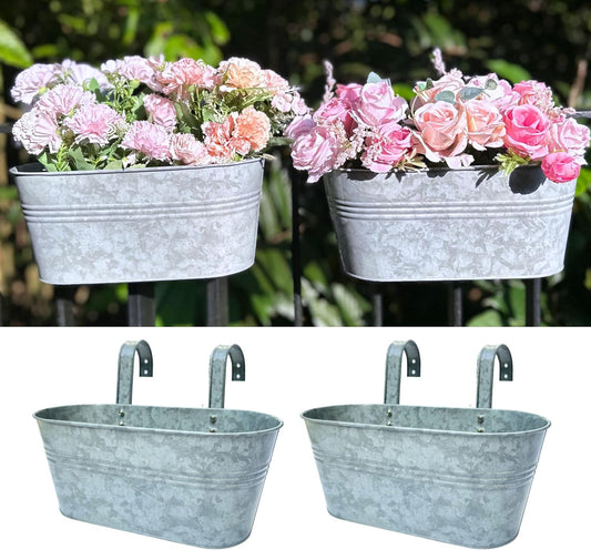 LaLaGreen Outdoor Plants Rail Planter (15 Inch, 2 Pack) Silver Metal Iron Hanging Flower Pot Deck Railings Fence Bucket Modern Boho Style Wall Mount Window Box Plant Wall Hanger Hooks Porch Home Decor