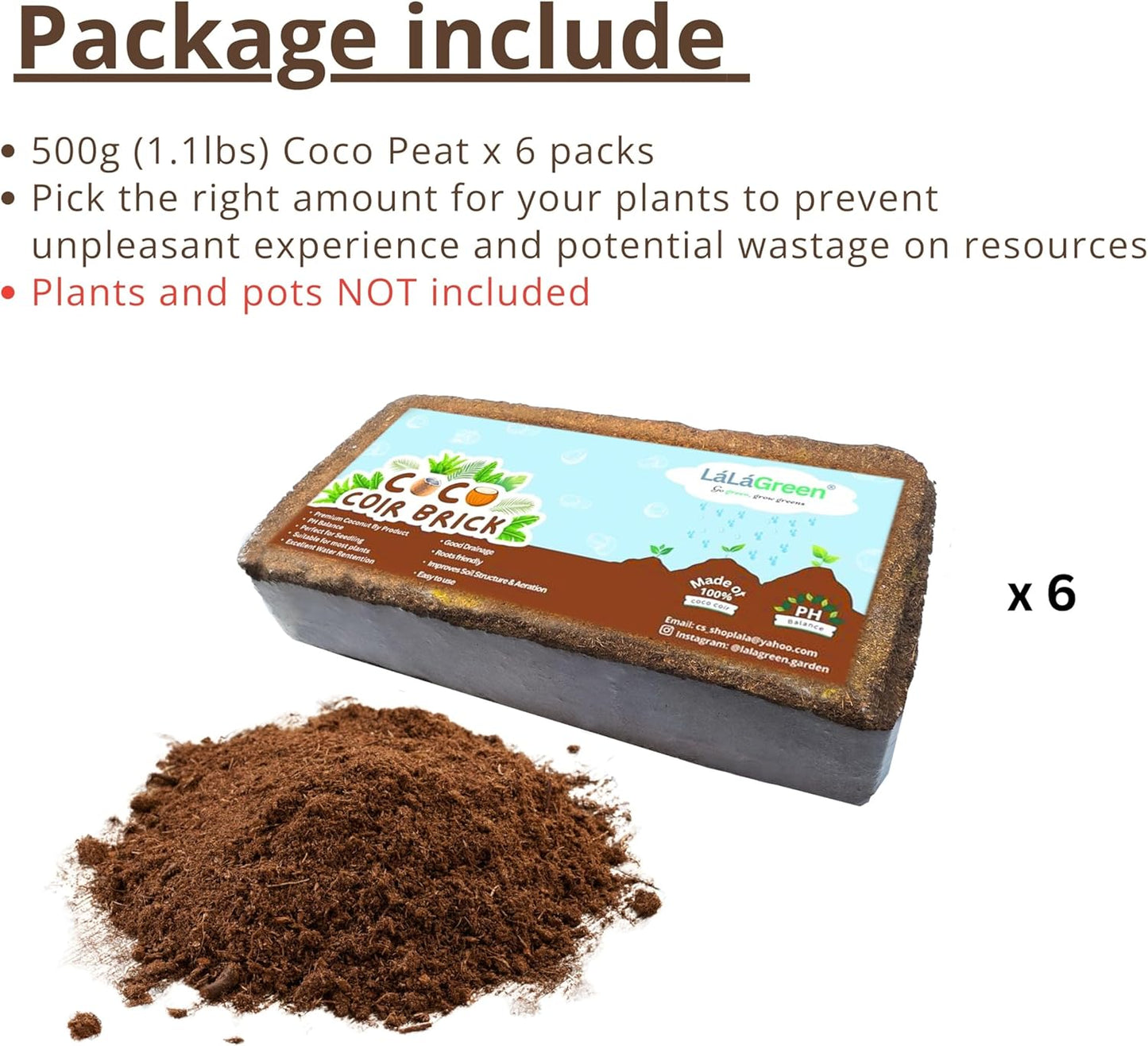 LaLaGreen Indoor Planting Soil (6 Pack, 500g) Organic Shredded Coconut Husk Fiber Brick Orchid Peat Moss for Plants, Fertilizer for Outdoor Plant Seed Starter Soils Coco Coir for Herb Flower Gardening