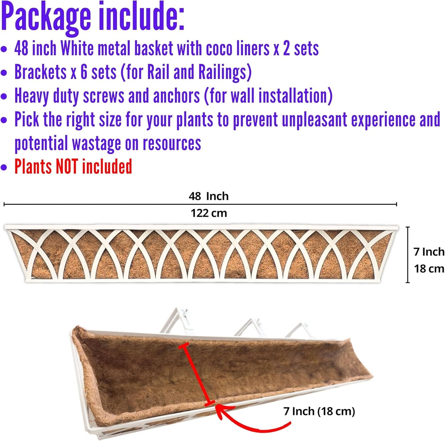 LaLaGreen Deck Railing Planter (2 Pack, 48") Extra Large Wall Mounted Hanging Planters with Coco Liner, White Metal Rectangular Window Box for Outdoor Plants Garden Fence Balcony Porch Patio Decor