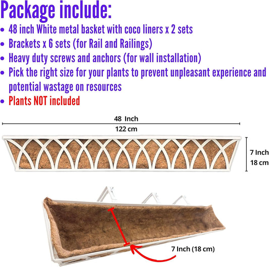 LaLaGreen Deck Railing Planter (2 Pack, 48") Extra Large Wall Mounted Hanging Planters with Coco Liner, White Metal Rectangular Window Box for Outdoor Plants Garden Fence Balcony Porch Patio Decor