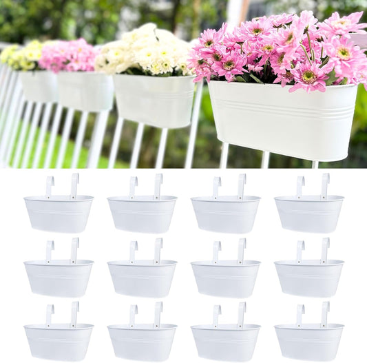 LaLaGreen Rail Planter Outdoor Plants (12 Pack, 11.8 Inch) White Metal Iron Hanging Flower Pots Deck Railings Fence Buckets Modern Countryside Boho Style Wall Mount Window Box Holder Hooks Porch Decor