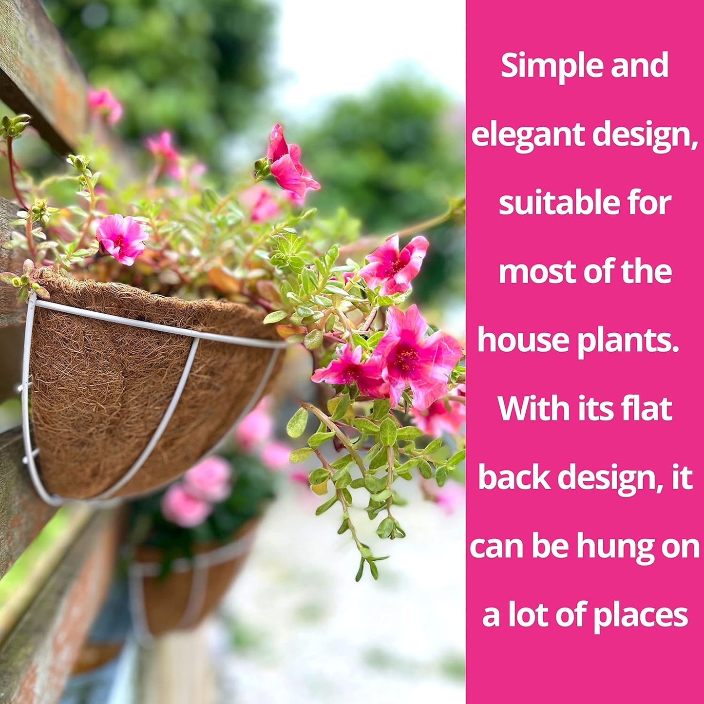 LaLaGreen Large Wall Planters, 2 Pack, 16 Inch Wall Hanging Pots with Coco Liner, White Metal Wire Rail Flower Basket Box Outdoor Outside Fence Railings Plant Holder Deck Porch Balcony Garden Decor