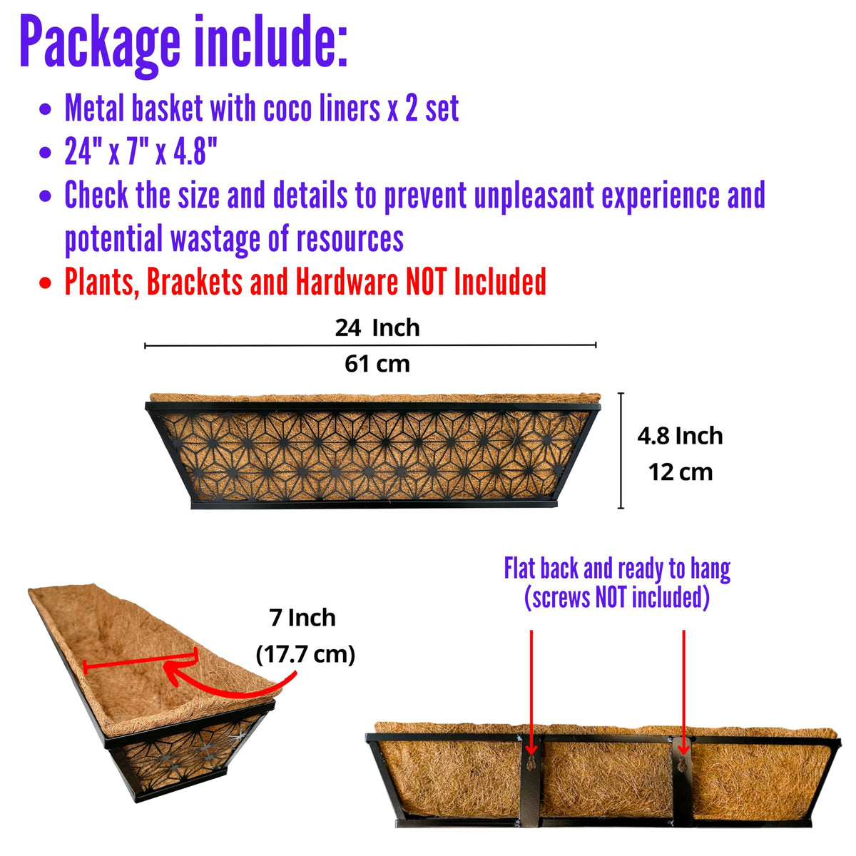 LaLaGreen Flower Wall Planter (12 in, 2 Pack) Black Fence Window Box