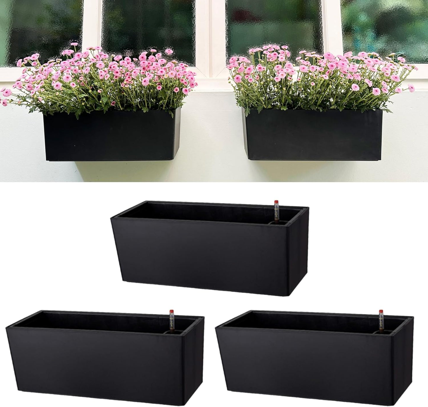 LaLaGreen Wall Planter for Outdoor Plants (3 Pack, 14 Inch) Wall Mounted Self Watering System Black Flower Boxes with Bracket, Window Wall Hanging Rectangular Plant Pots Container Indoor Modern Herb