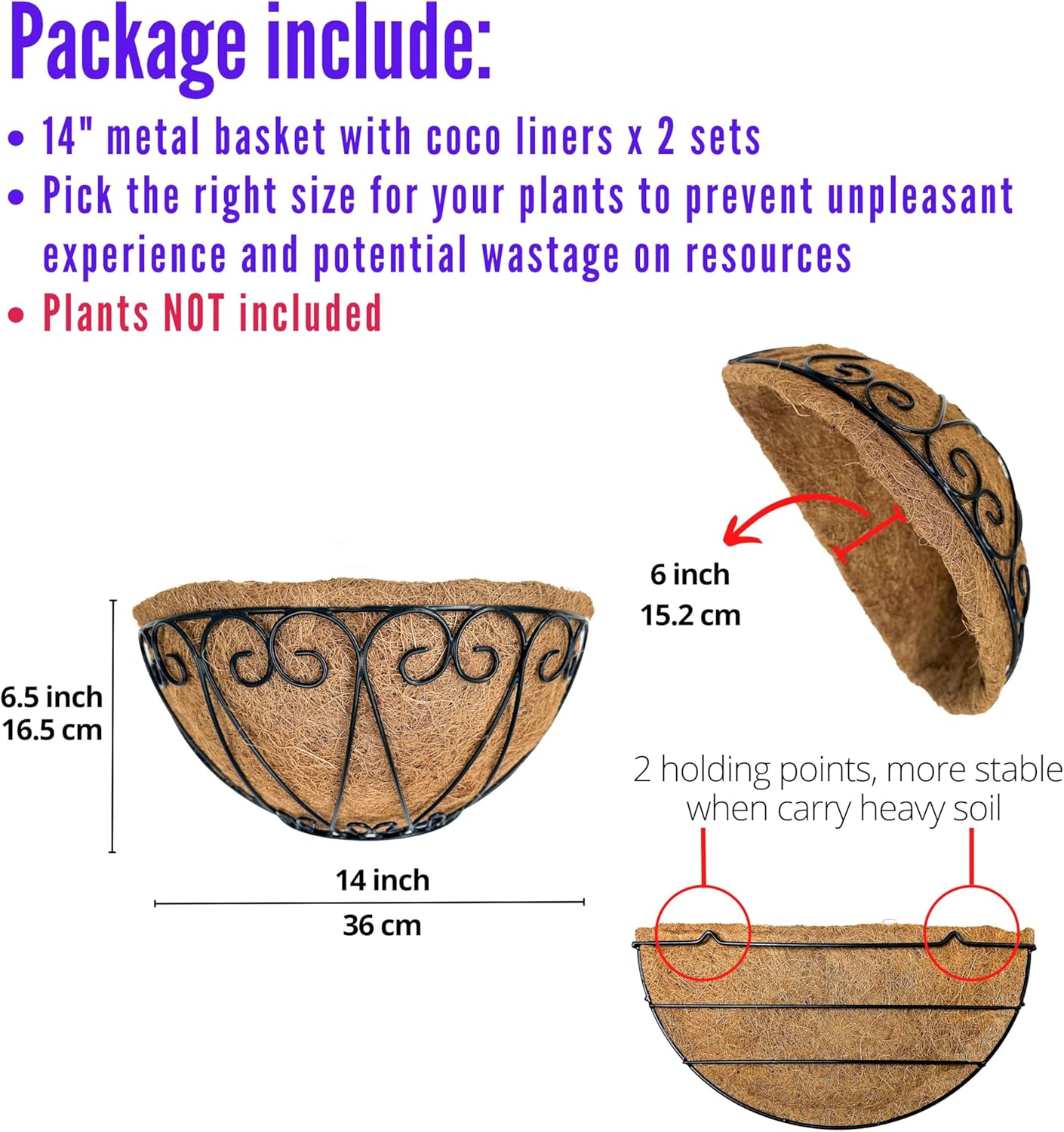 LaLaGreen Outdoor Wall Planters (2 Pack, 14 Inch) Black Metal Wall Mounted Hanging Basket with Coco Liner, Semi-Circle Flower Pot Plant Holder for Fence Railing Deck Porch Balcony French Garden Decor