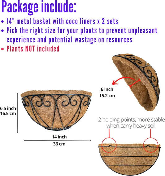 LaLaGreen Outdoor Wall Planters (2 Pack, 14 Inch) Black Metal Wall Mounted Hanging Basket with Coco Liner, Semi-Circle Flower Pot Plant Holder for Fence Railing Deck Porch Balcony French Garden Decor